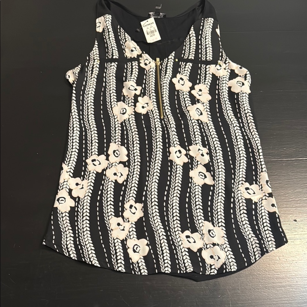 Express Womens XS Black White Floral‎ Zip Front Camisole Sleeveless Blouse NWT